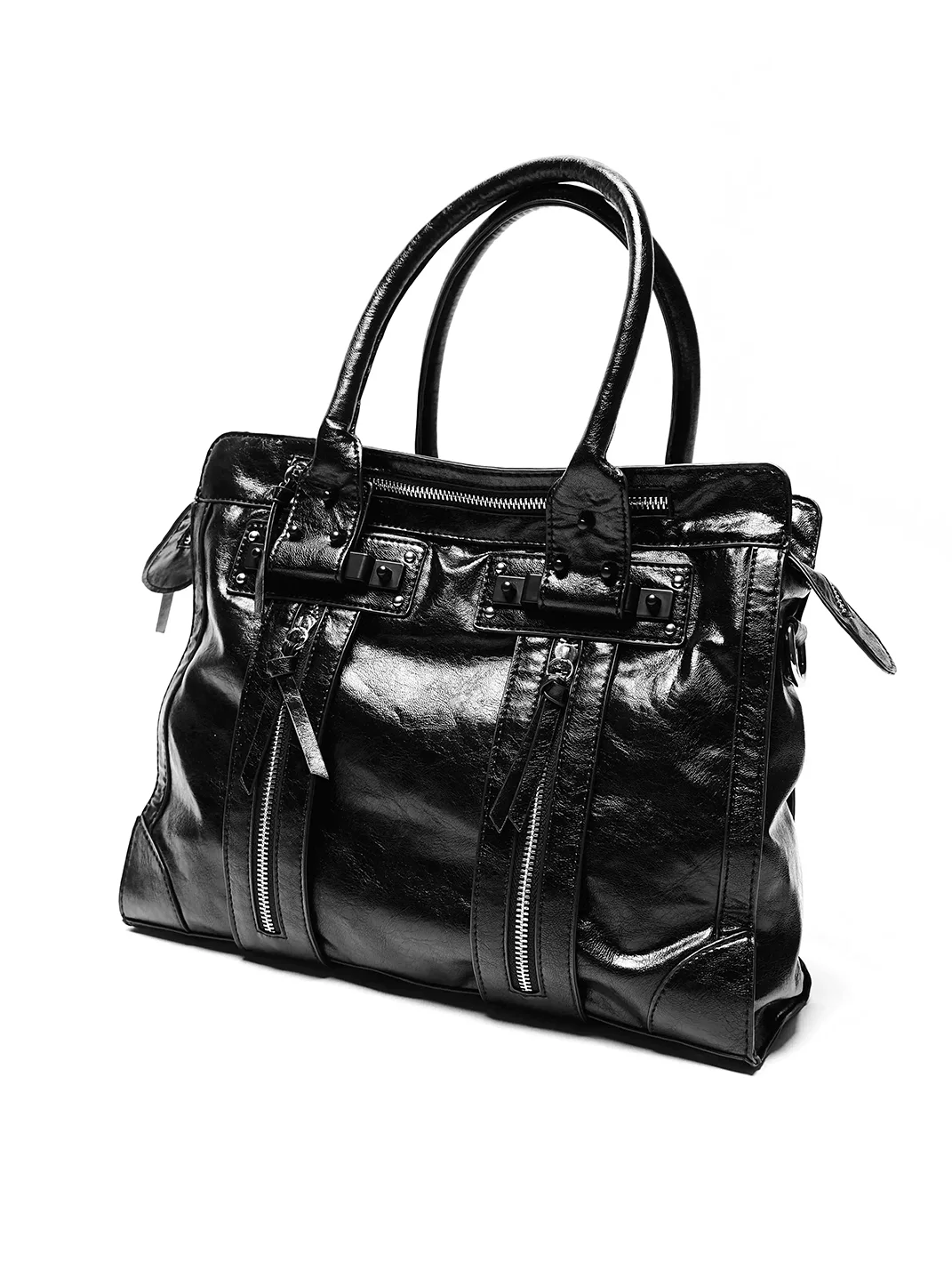 SOHATW | Black Multi-Zip Studded Leather Biker Tote Bag