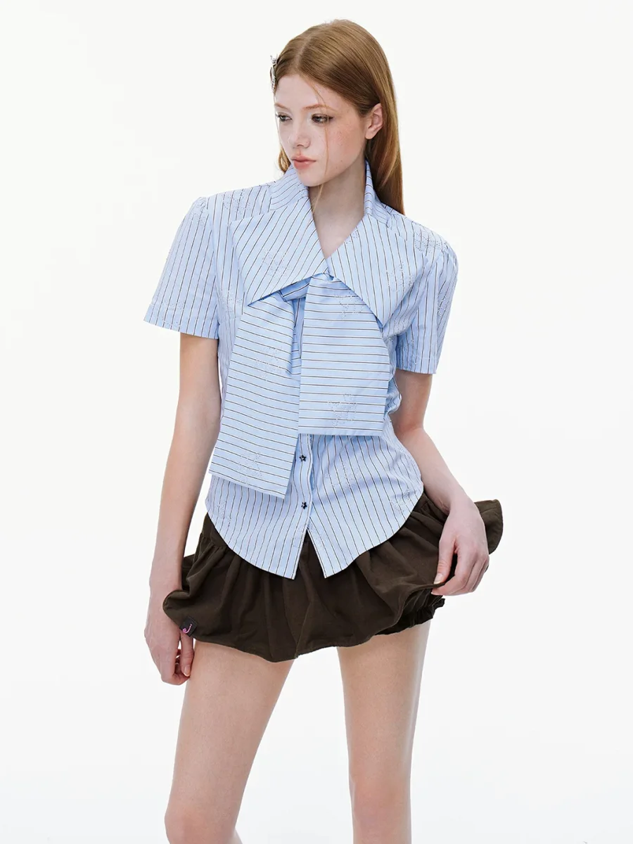 JIKOO | Slim-Fit Striped Bow Rhinestone Short-Sleeve Shirt - 3