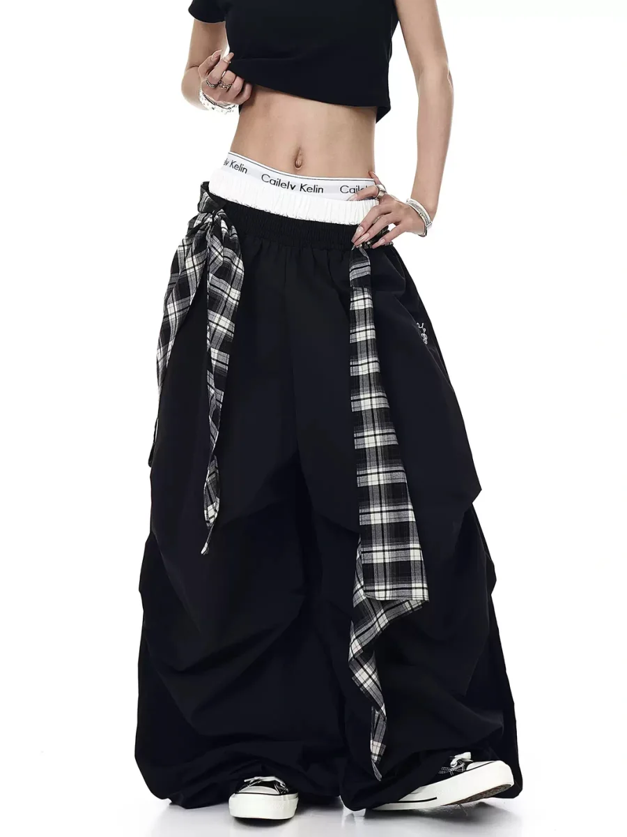 BLACKLISTS | Plaid Accent Double Waistband Wide-Leg Parachute Pants - 2