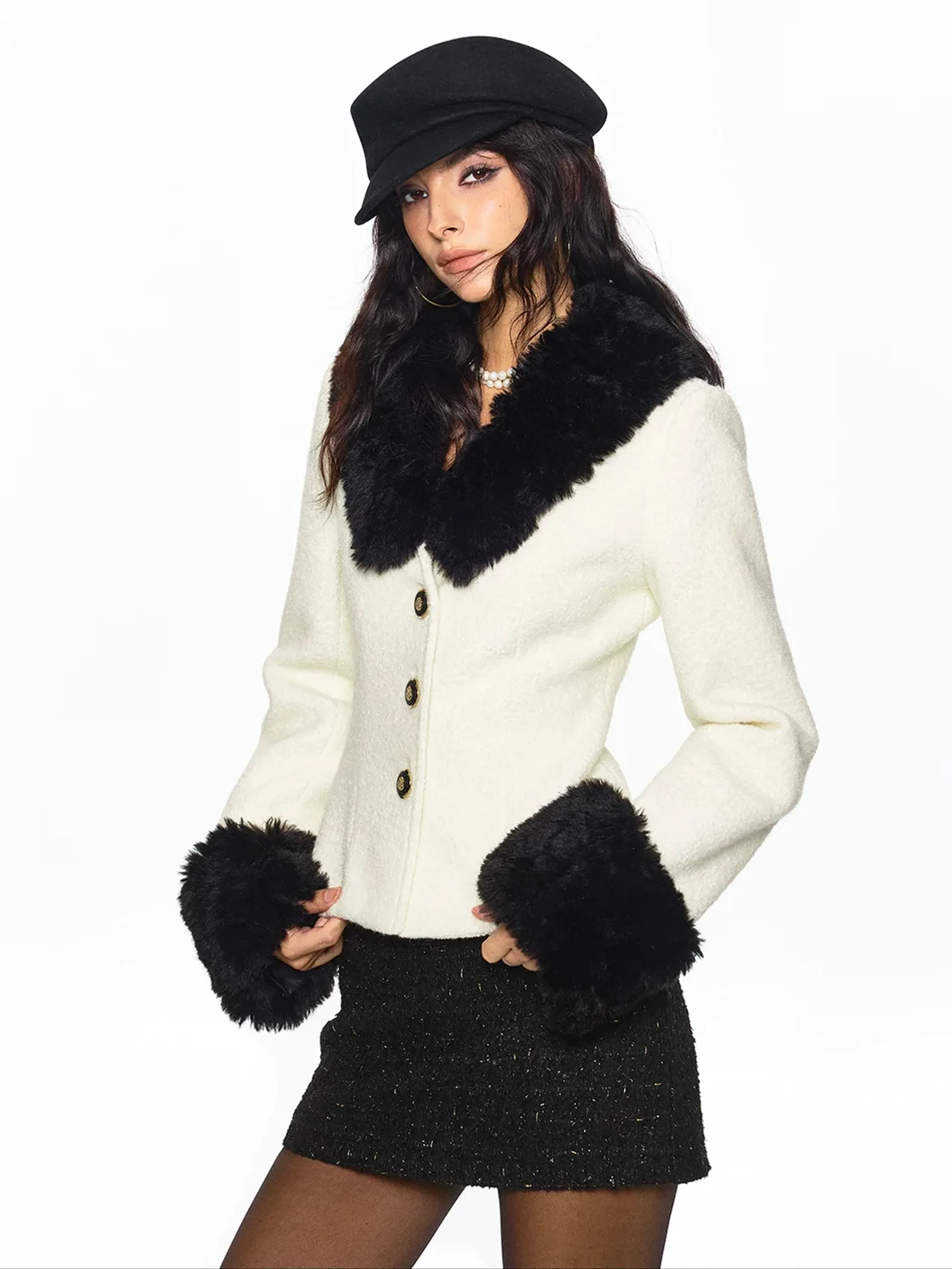 SereneEase | Fur-Collar Jacket And Metallic Skirt Set