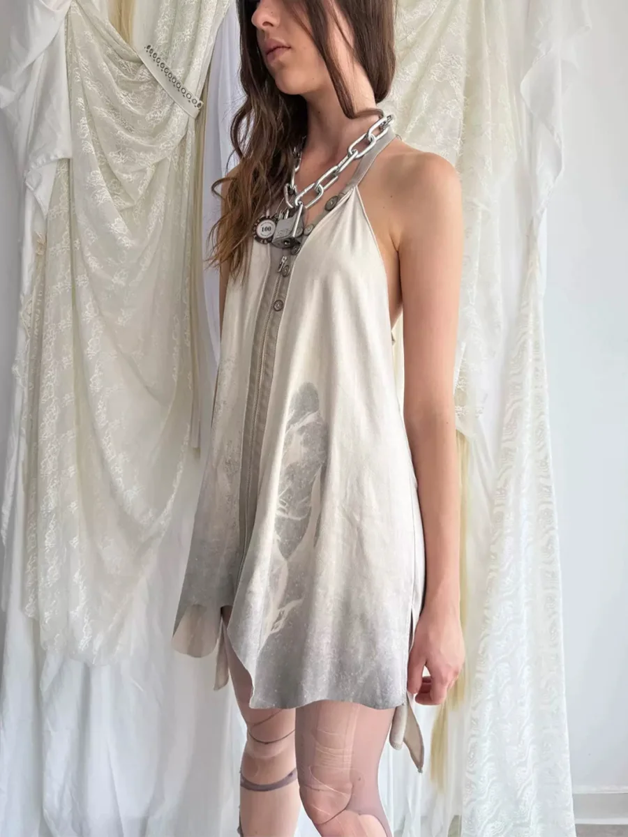 DoublePunch | Printed Faux Suede Zip-Front Backless Halter Dress - 2