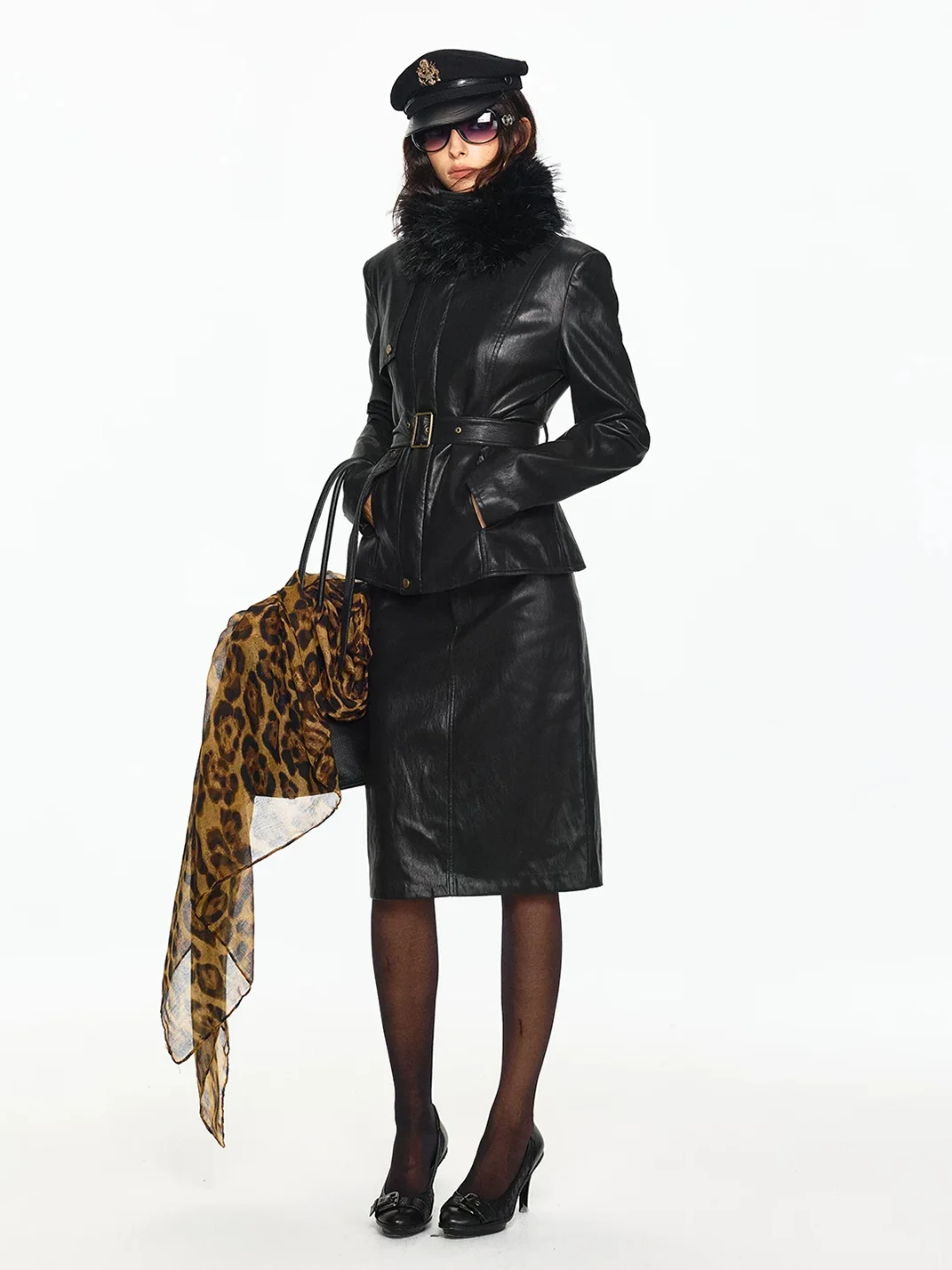 SereneEase | Black Detachable Fur-Collar Leather Jacket And Skirt Set