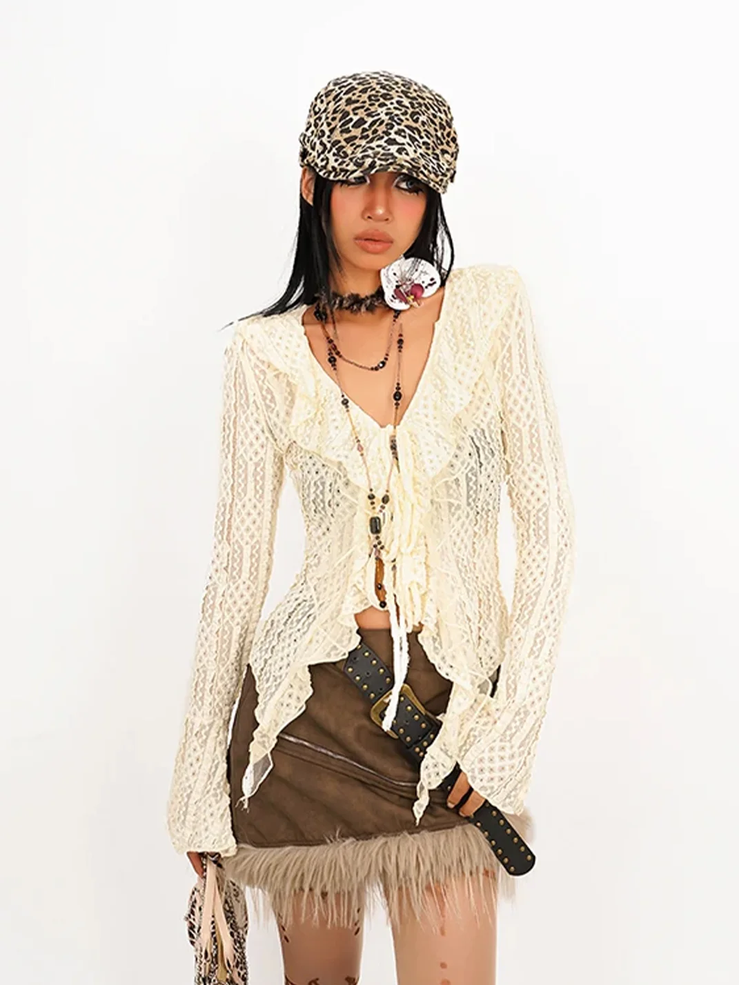 Nico Molly | Tie-Front Lace Blouse With Ruffled Bell Sleeves