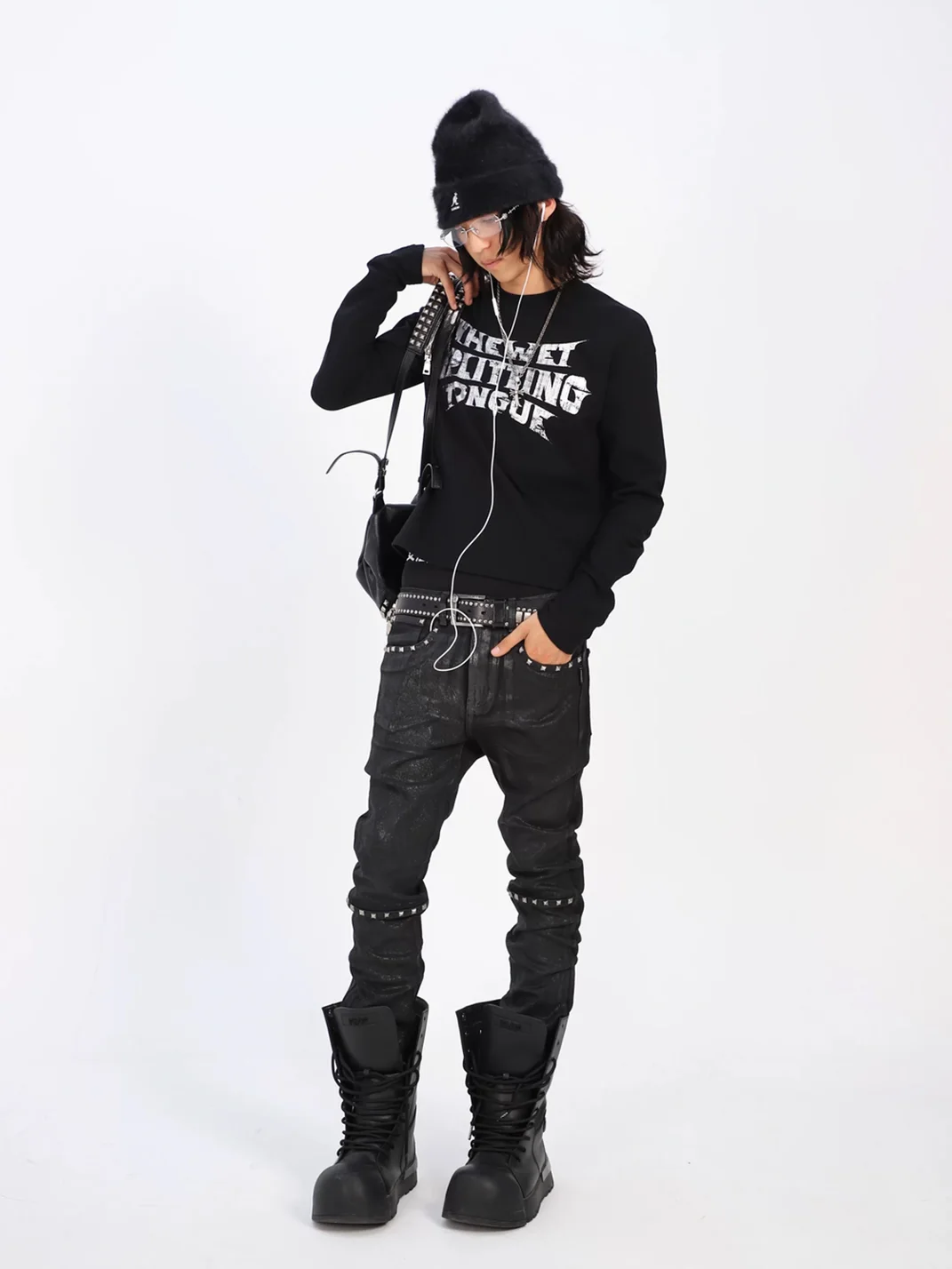THEWET | Studded Crackle Waxed Slim Straight-Leg Pants