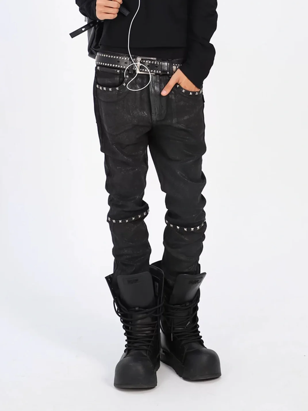 THEWET | Studded Crackle Waxed Slim Straight-Leg Pants