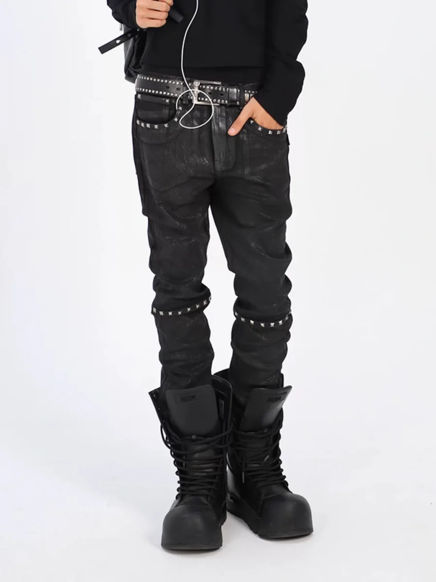 THEWET | Studded Crackle Waxed Slim Straight-Leg Pants - 2