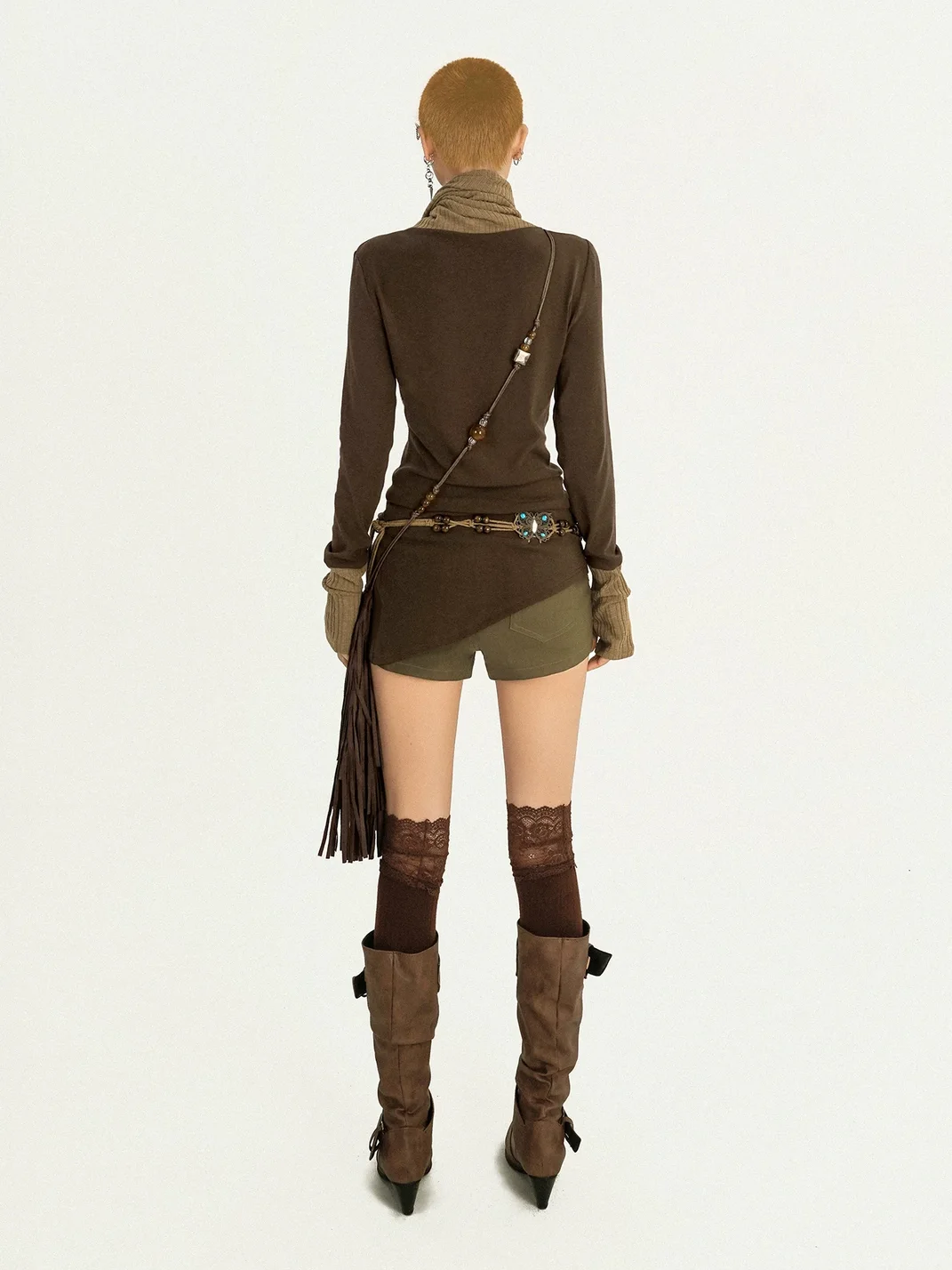 Nico Molly | Paneled Fold-Over High Neck Long Sleeve T-Shirt