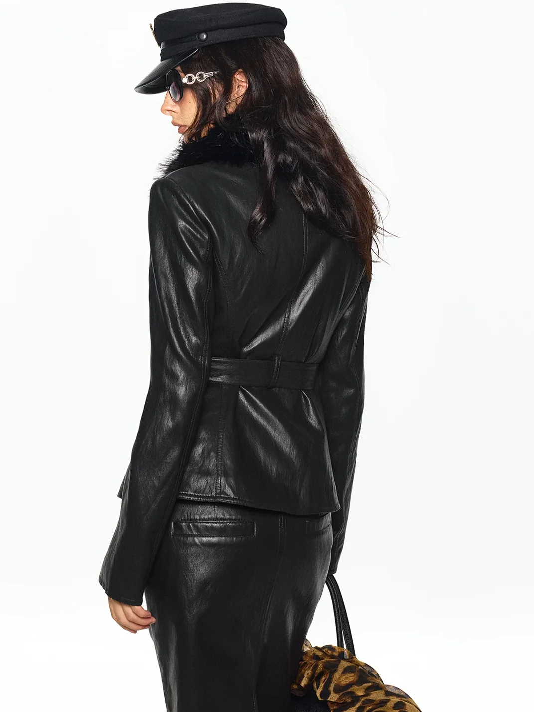 SereneEase | Black Detachable Fur-Collar Leather Jacket And Skirt Set