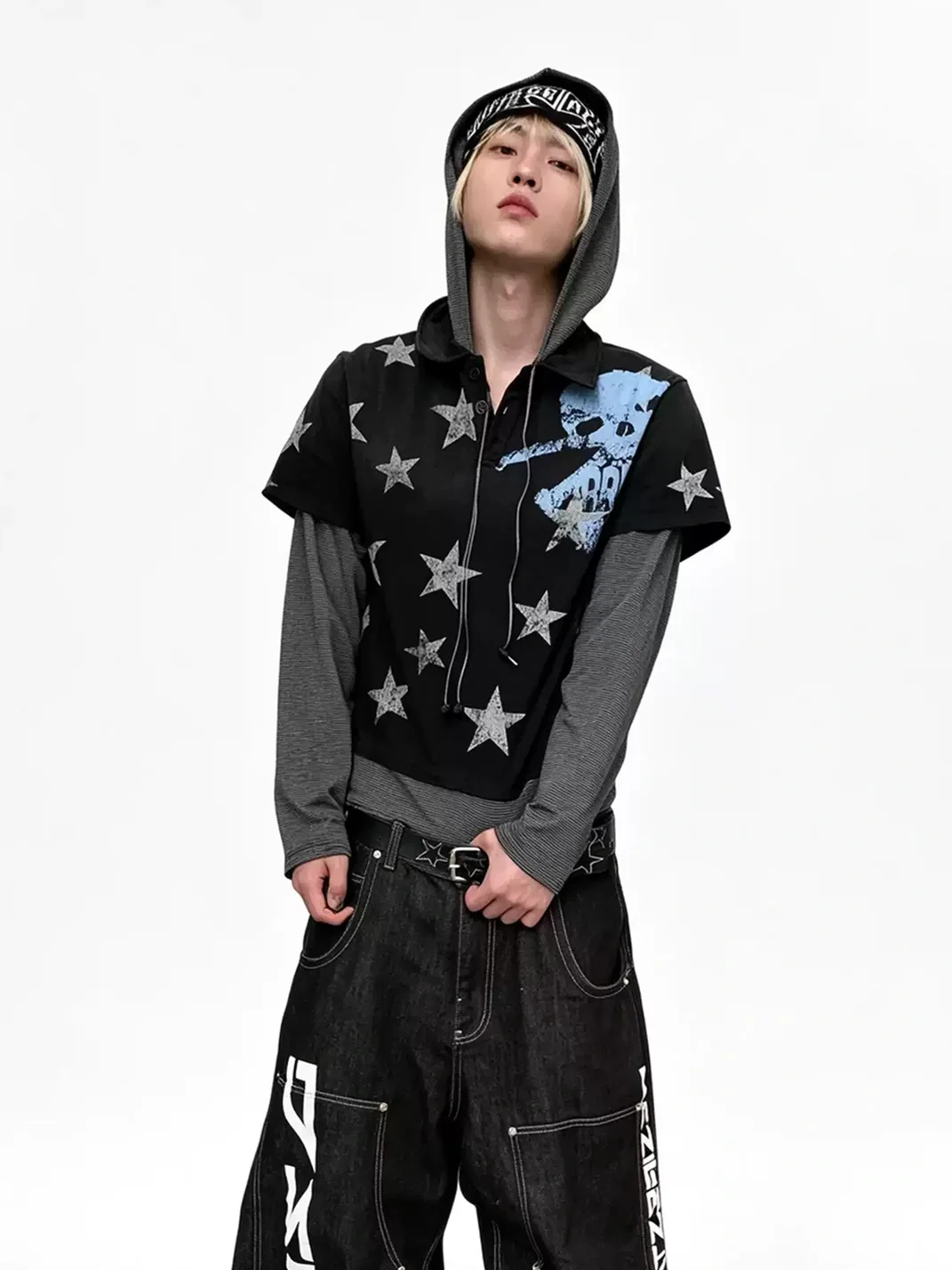 LuuuCam | Star Skull Layered Hooded Long Sleeve T-Shirt