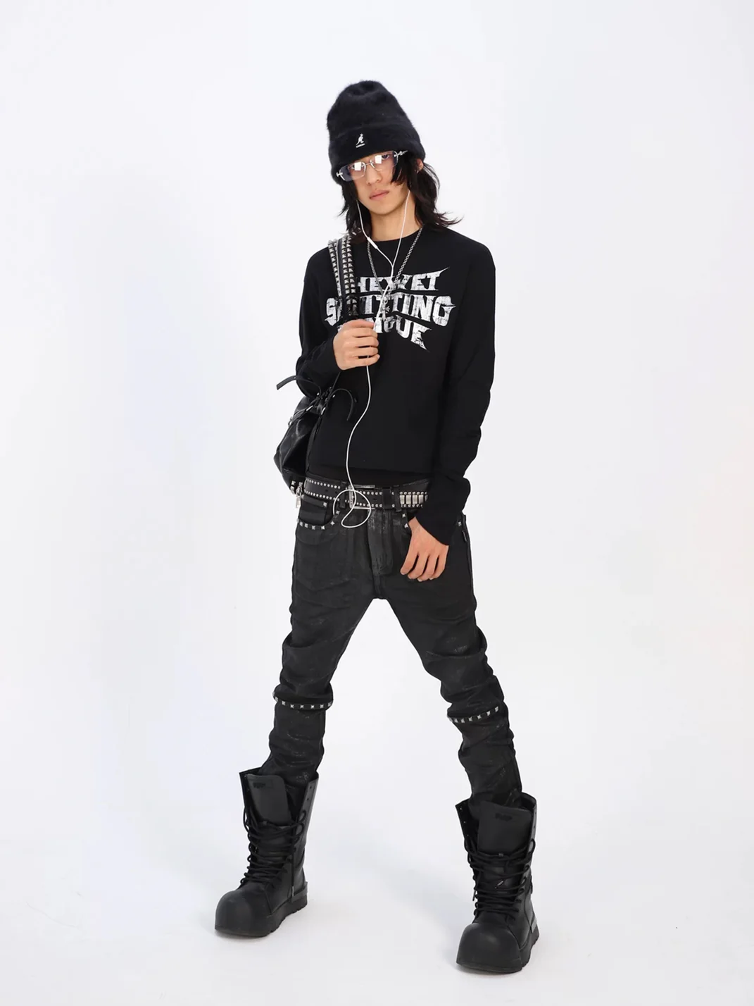 THEWET | Studded Crackle Waxed Slim Straight-Leg Pants
