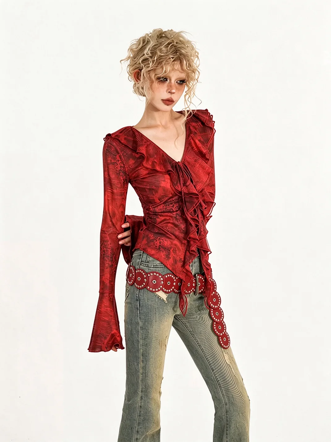 Nico Molly | Red Tie-Front V-Neck Bell Sleeve Shirt