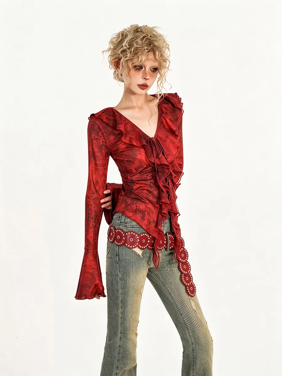 Nico Molly | Red Tie-Front V-Neck Bell Sleeve Shirt - 3