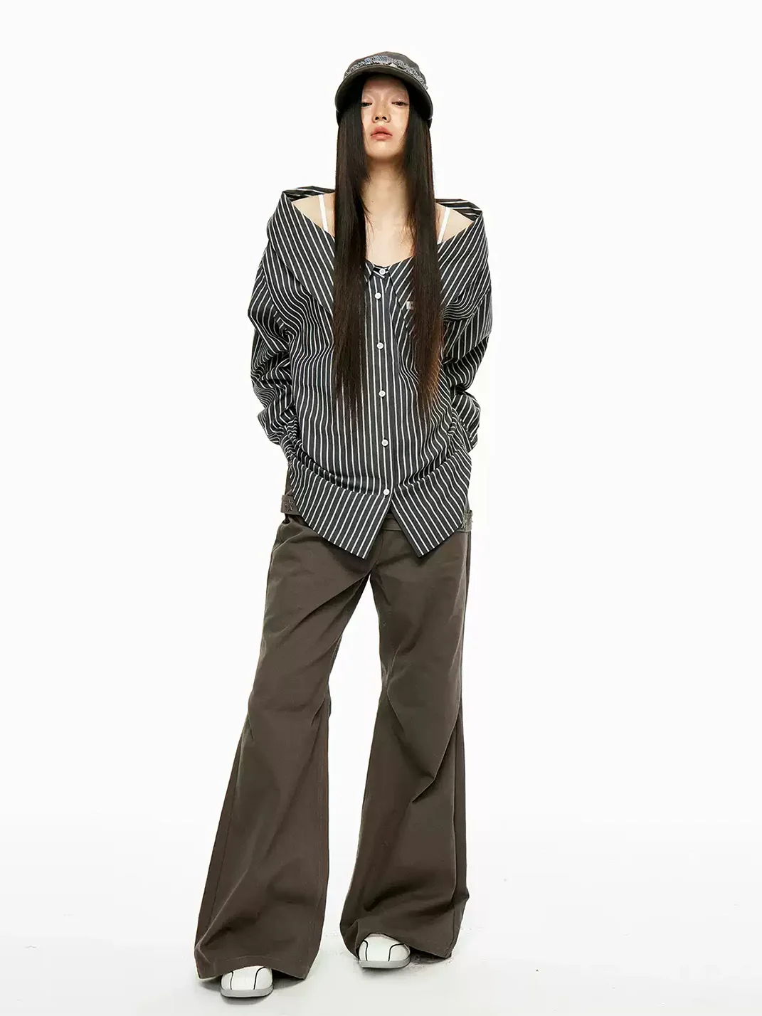 JIKOO | Detachable Collar Vertical Striped Off-Shoulder Shirt
