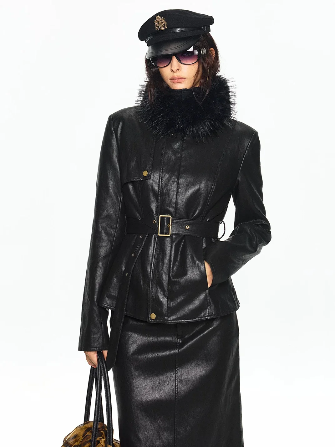 SereneEase | Black Detachable Fur-Collar Leather Jacket And Skirt Set
