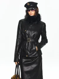 SereneEase | Black Detachable Fur-Collar Leather Jacket And Skirt Set