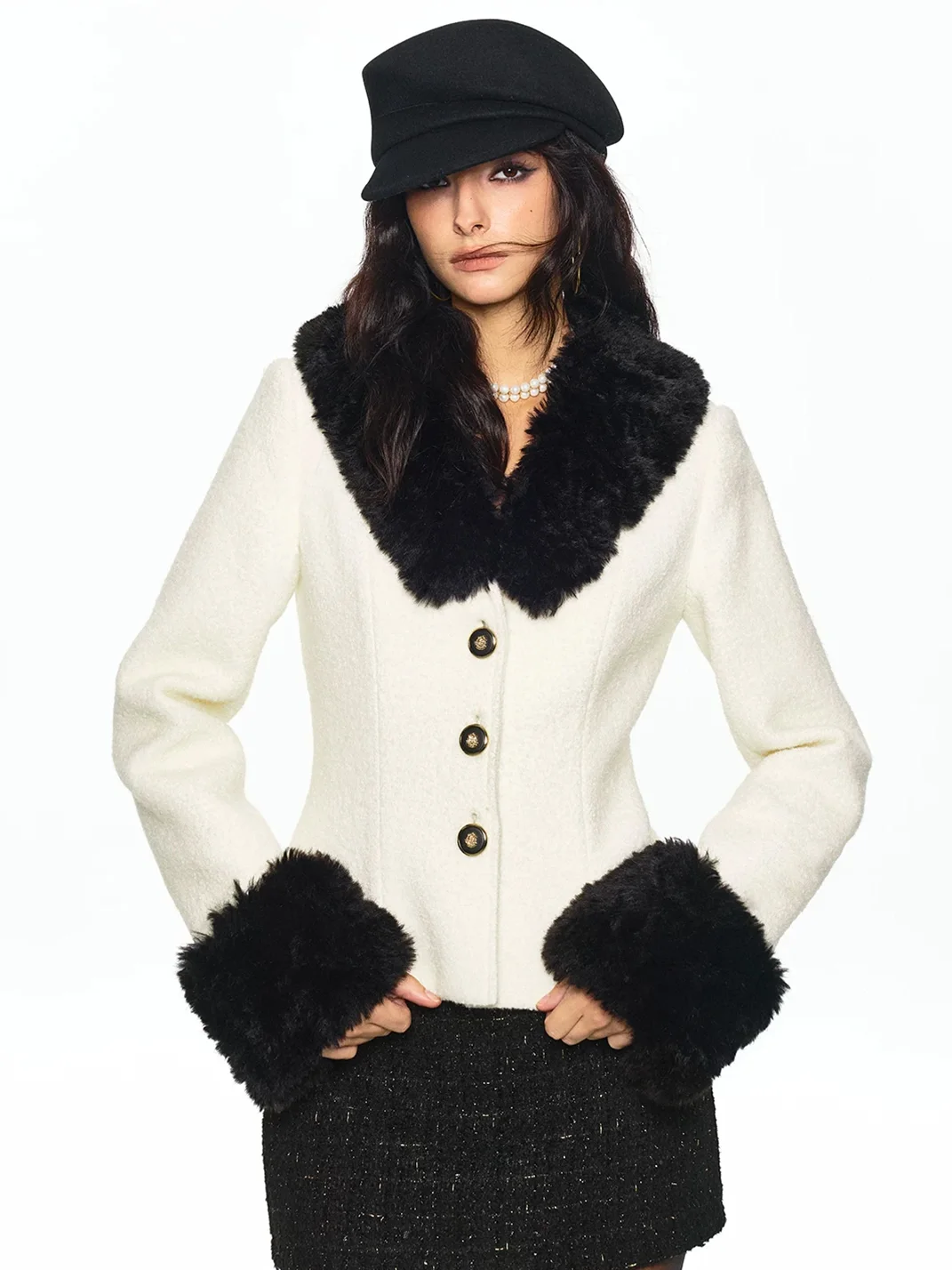 SereneEase | Fur-Collar Jacket And Metallic Skirt Set