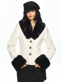 SereneEase | Fur-Collar Jacket And Metallic Skirt Set