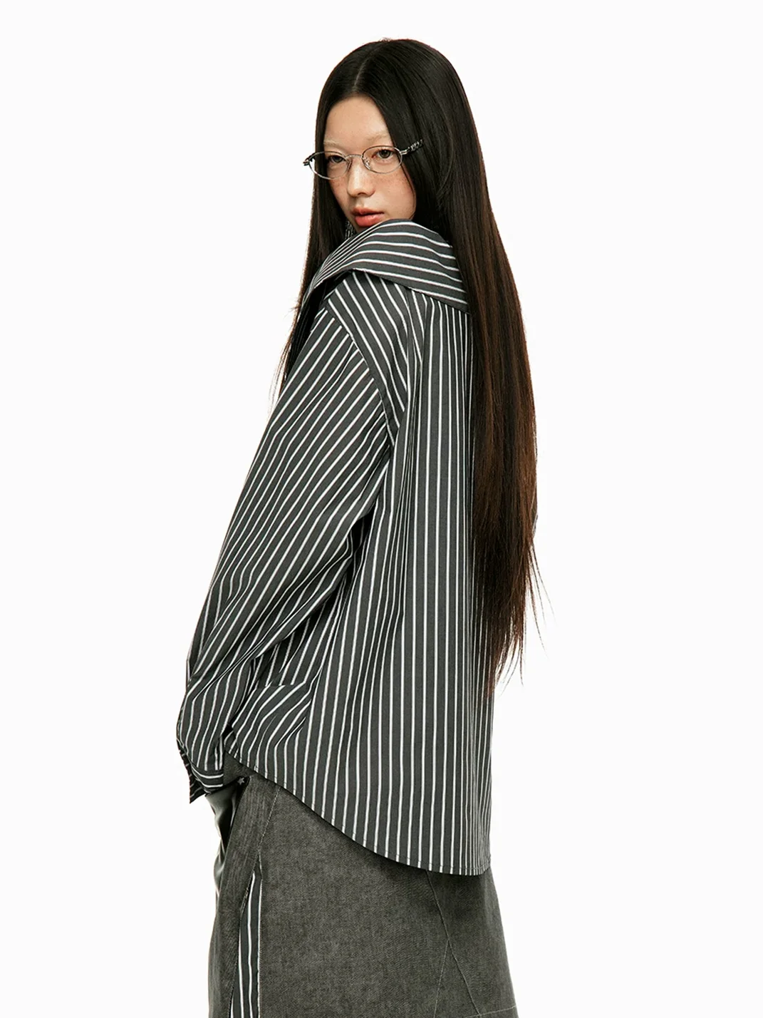 JIKOO | Detachable Collar Vertical Striped Off-Shoulder Shirt