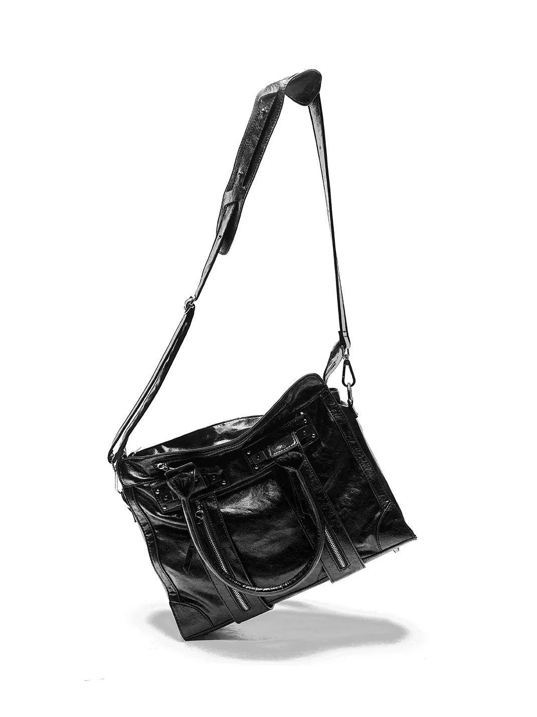 SOHATW | Black Multi-Zip Studded Leather Biker Tote Bag