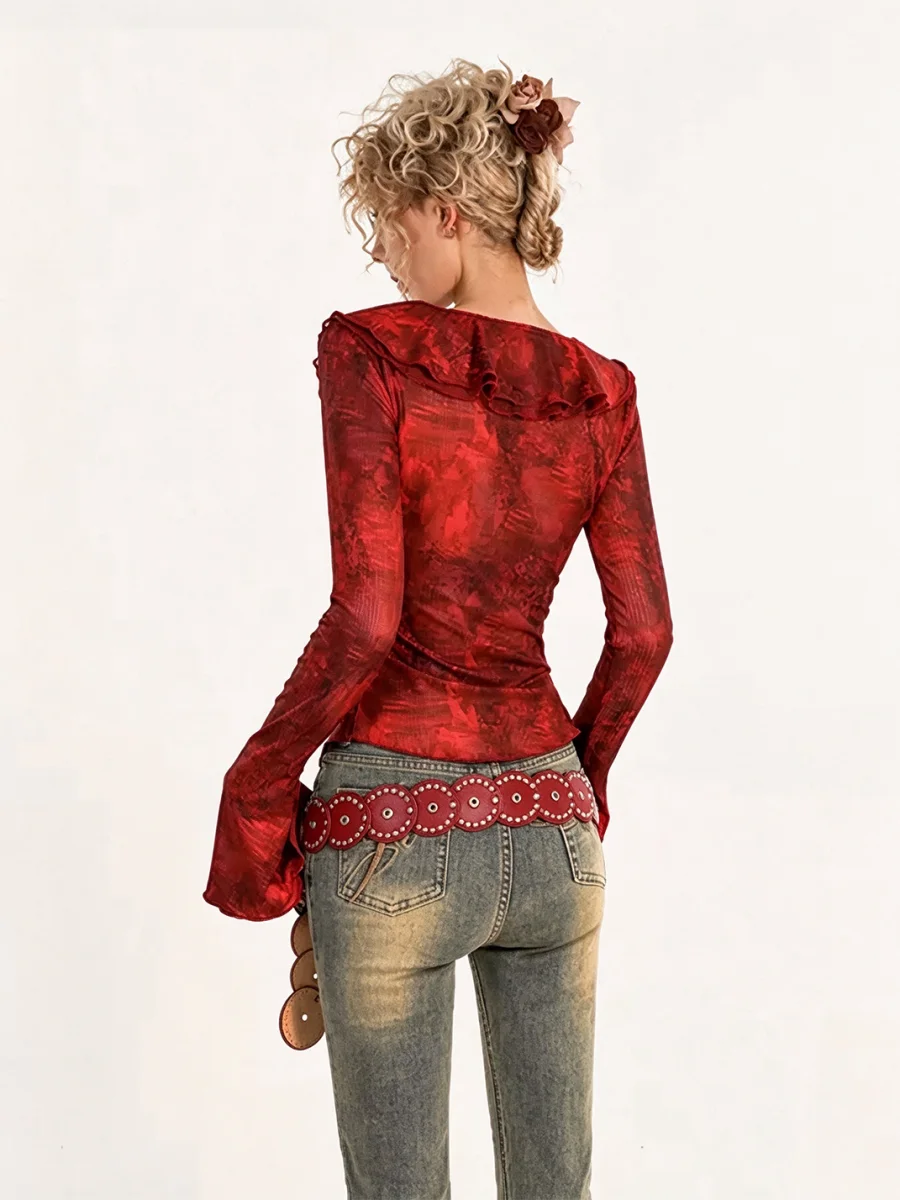 Nico Molly | Red Tie-Front V-Neck Bell Sleeve Shirt - 2