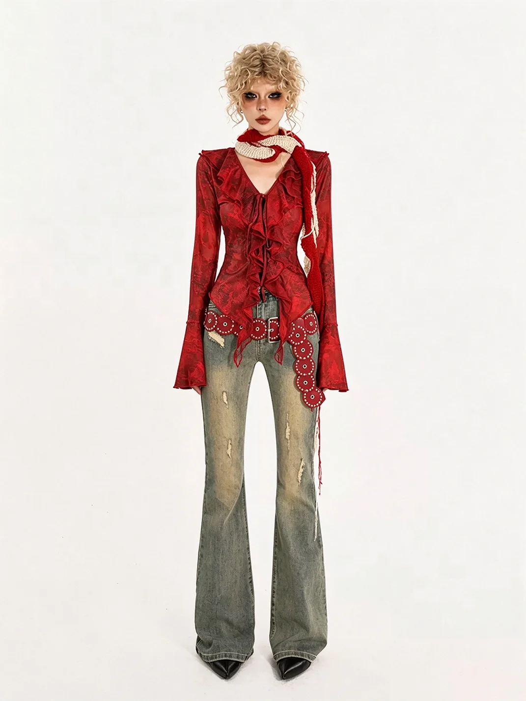 Nico Molly | Red Tie-Front V-Neck Bell Sleeve Shirt