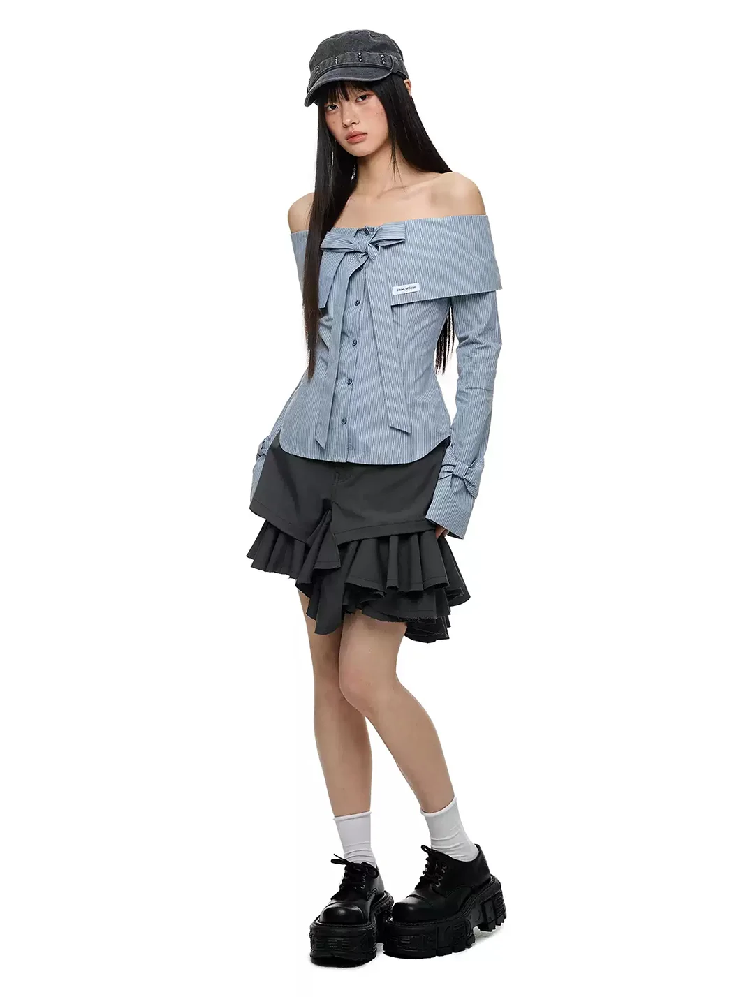 JIKOO | Bow Off-Shoulder Fitted Long-Sleeve Shirt