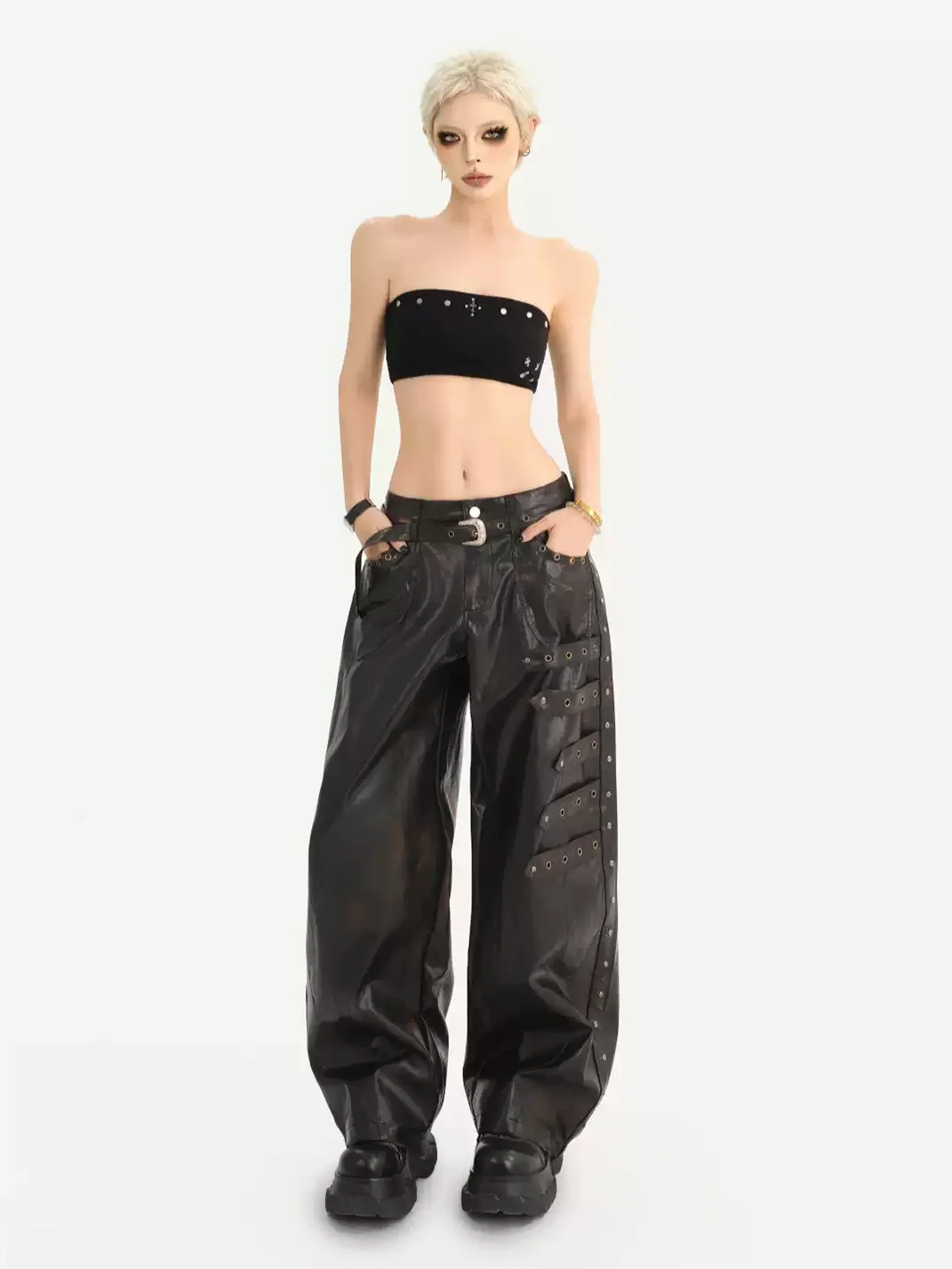 Nico Molly | Studded Wide-Leg Loose-Fit Leather Pants