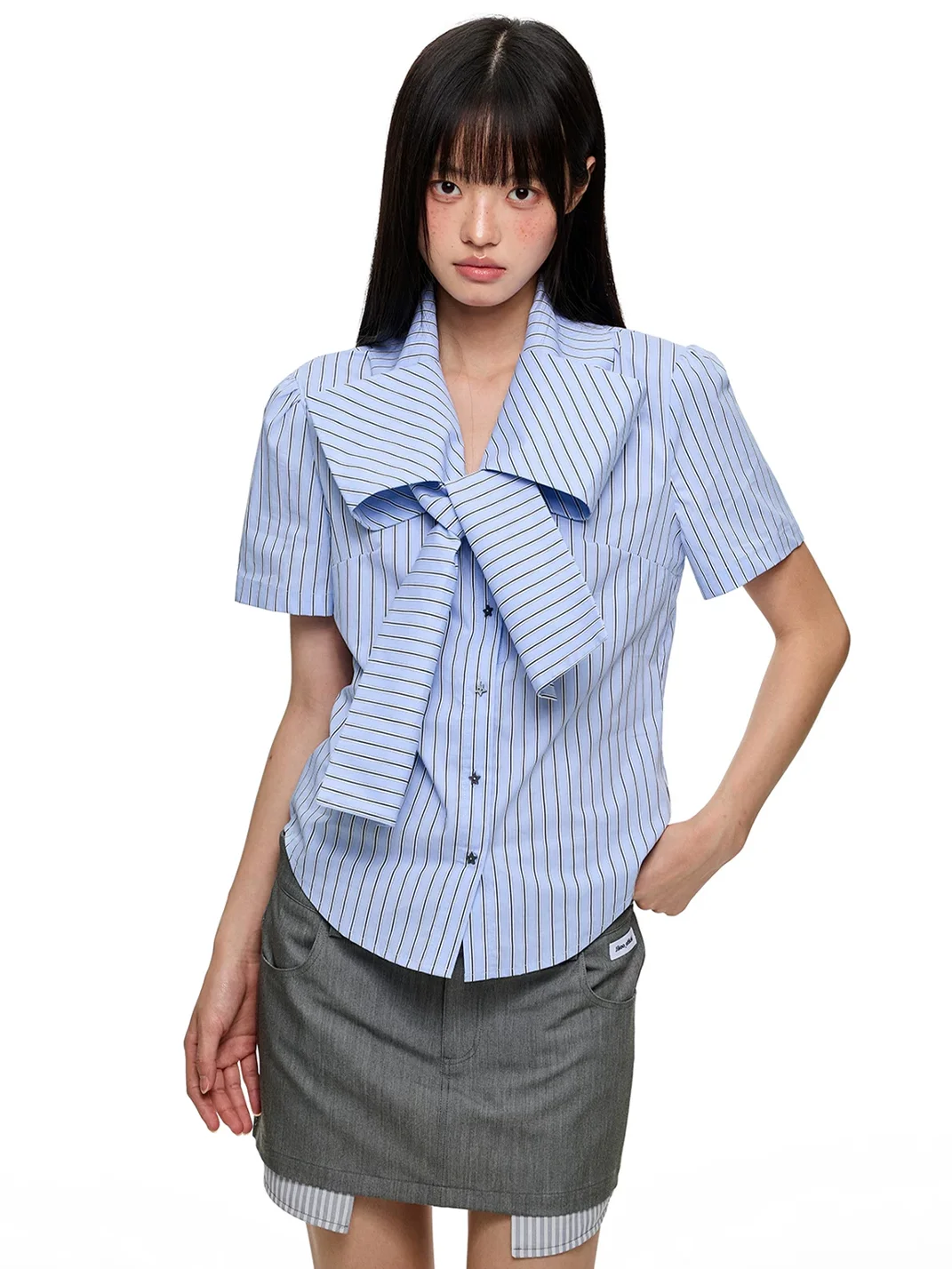 JIKOO | Slim-Fit Striped Bow Rhinestone Short-Sleeve Shirt