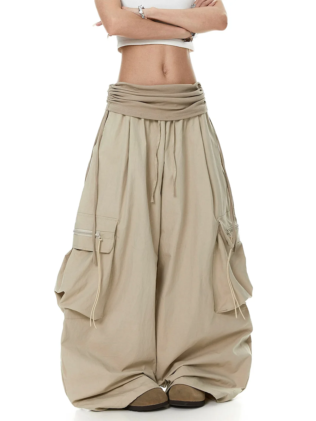BLACKLISTS | Foldover Waist Gathered Wide-Leg Cargo Pants