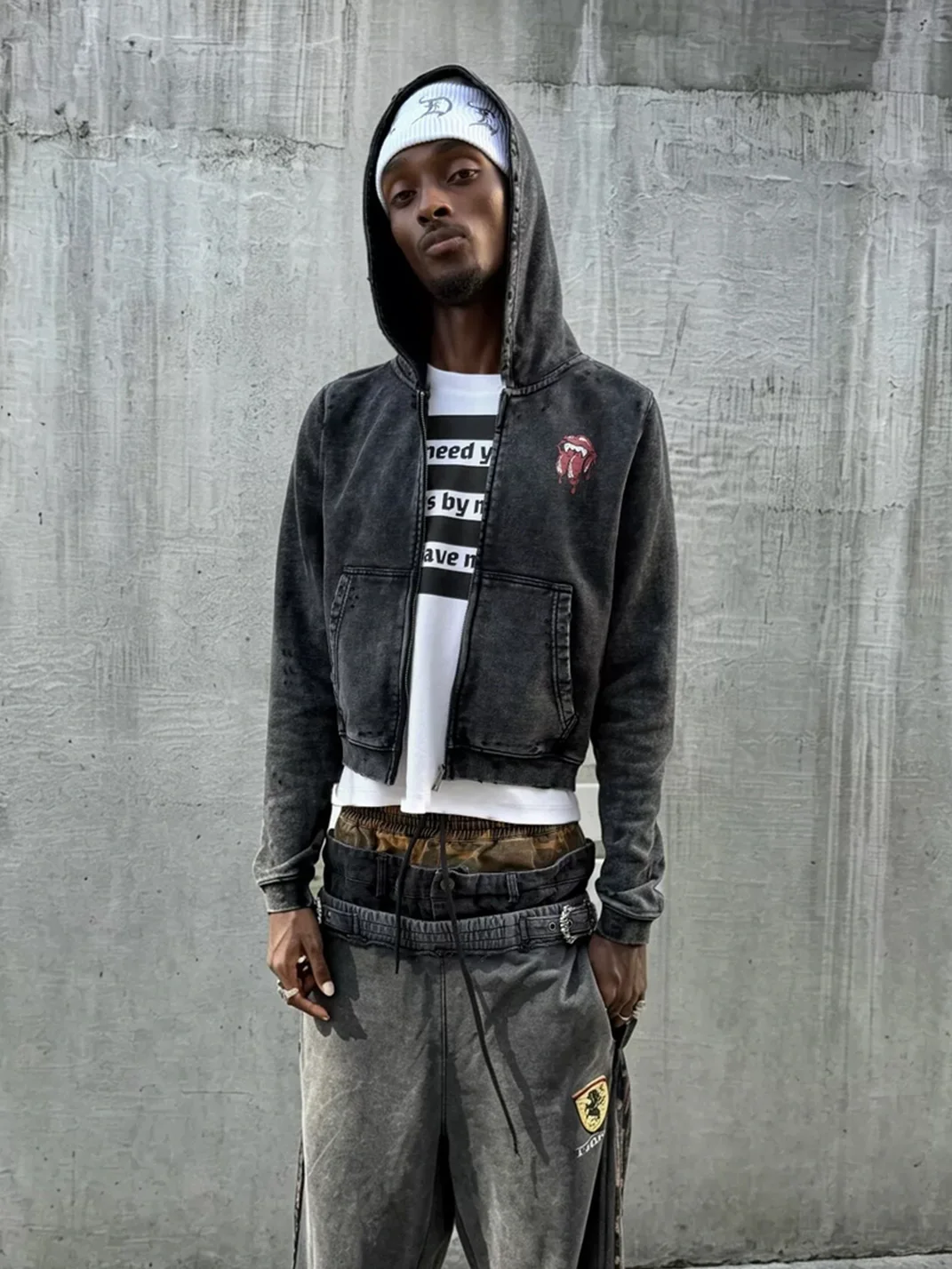 THEWET | Washed Distressed Split-Tongue Graphic Hoodie
