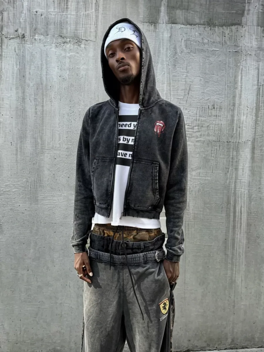 THEWET | Washed Distressed Split-Tongue Graphic Hoodie - 2