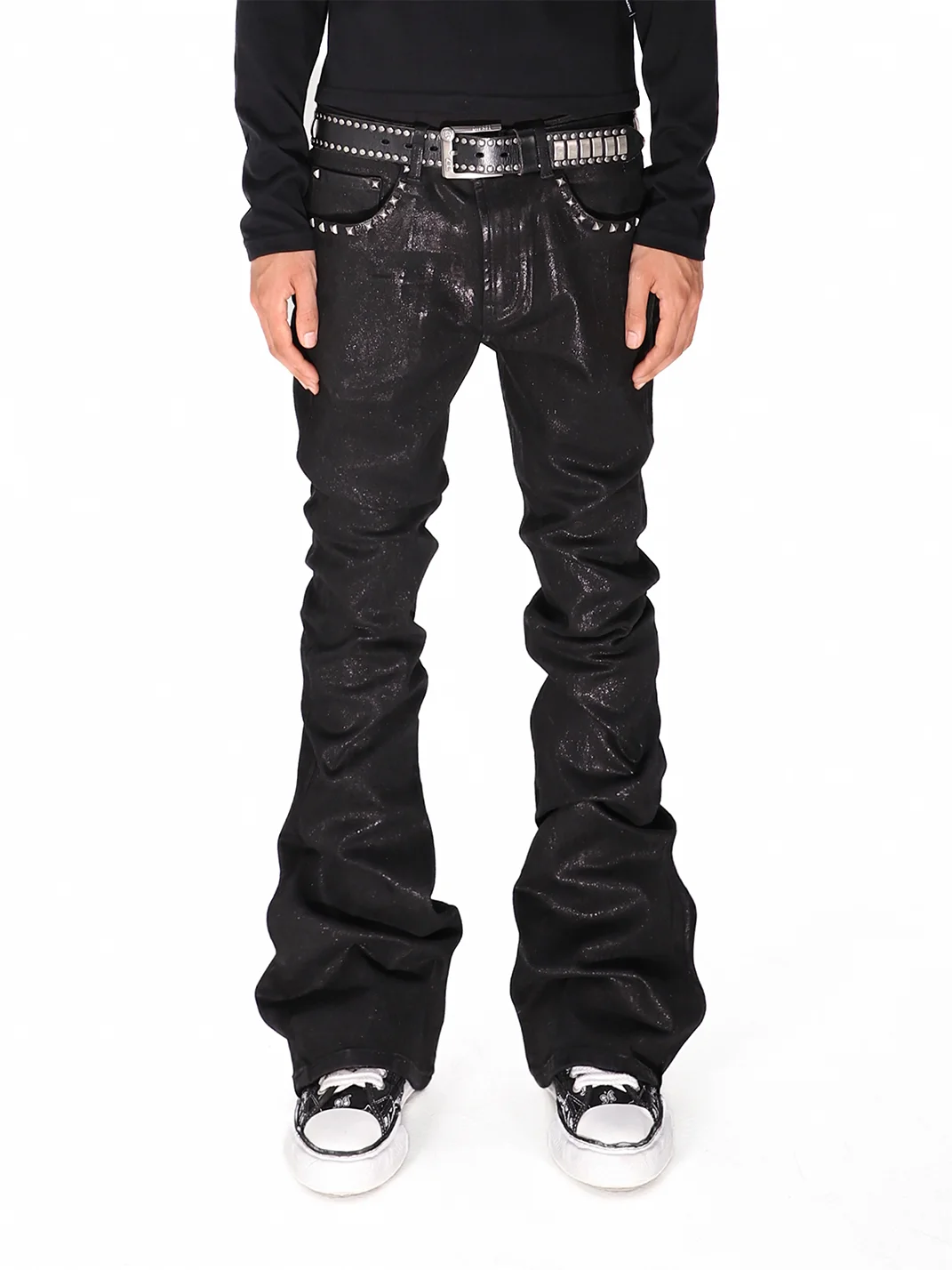 THEWET | Crackle Waxed Studded Flared Pants