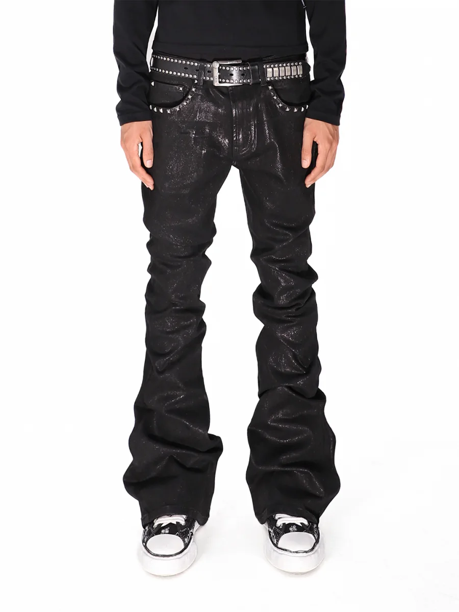 THEWET | Crackle Waxed Studded Flared Pants - 2