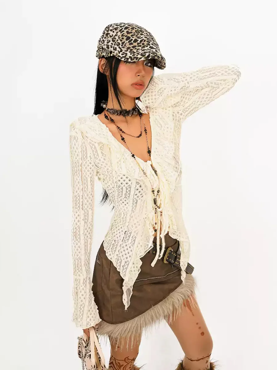 Nico Molly | Tie-Front Lace Blouse With Ruffled Bell Sleeves - 2