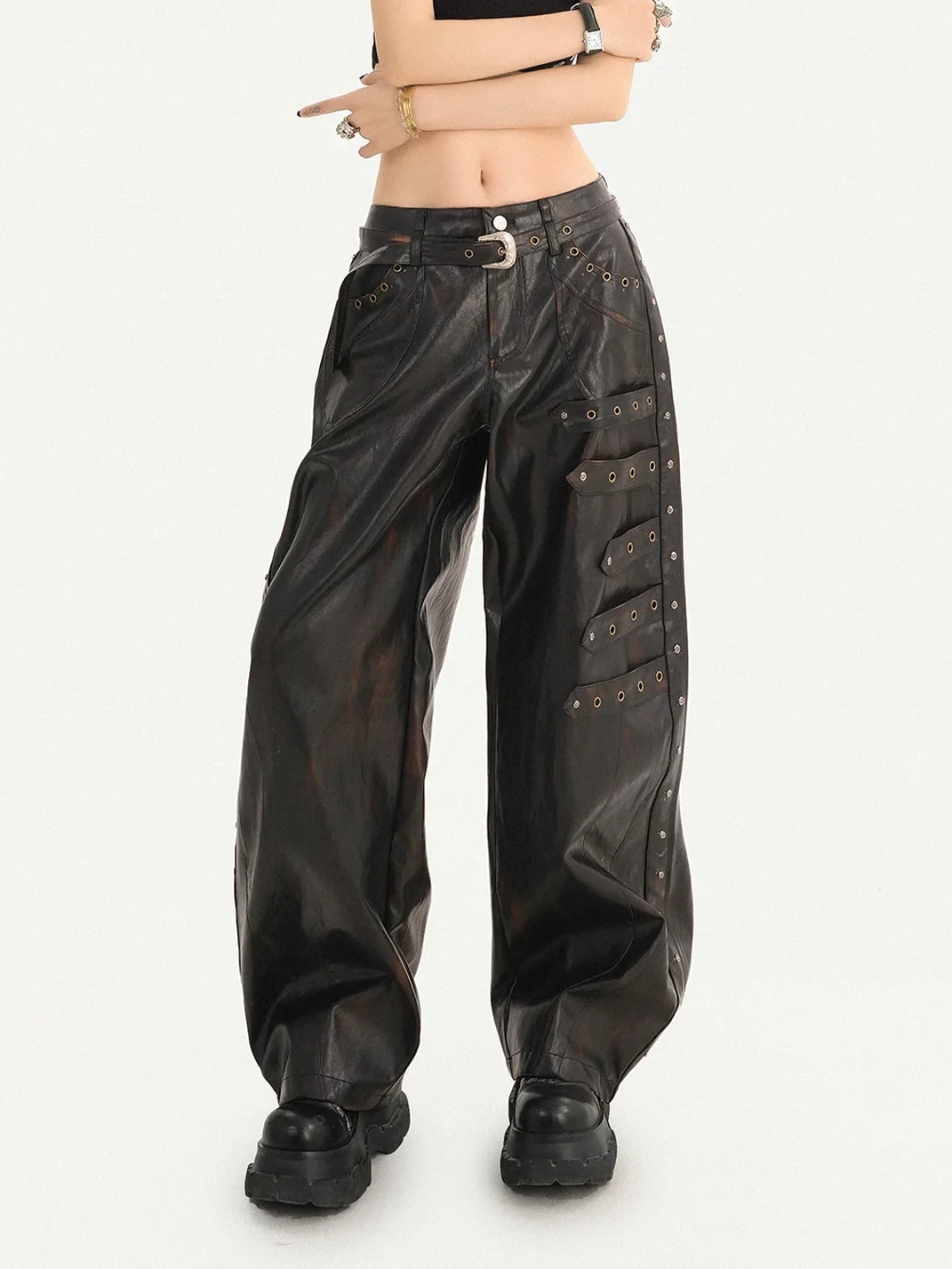 Nico Molly | Studded Wide-Leg Loose-Fit Leather Pants