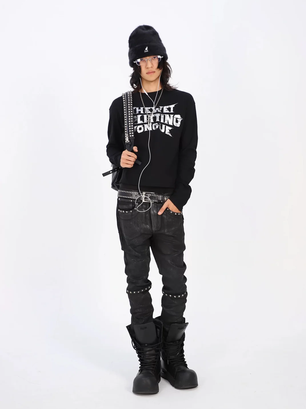THEWET | Studded Crackle Waxed Slim Straight-Leg Pants