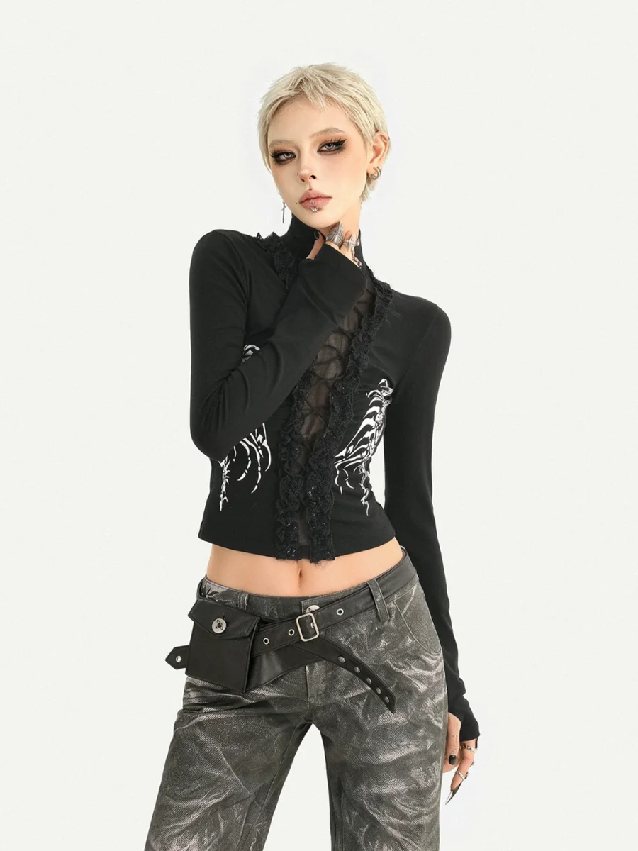 Nico Molly | Slim-Fit Long-Sleeve Lace Panel High-Neck T-Shirt And Pants - 4