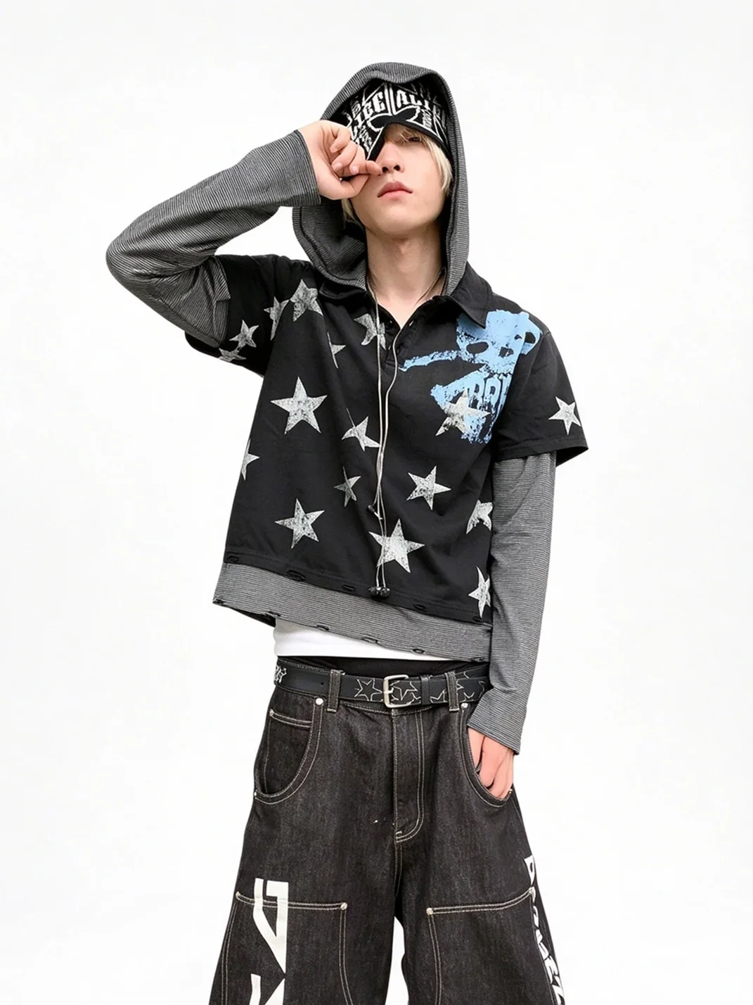 LuuuCam | Star Skull Layered Hooded Long Sleeve T-Shirt