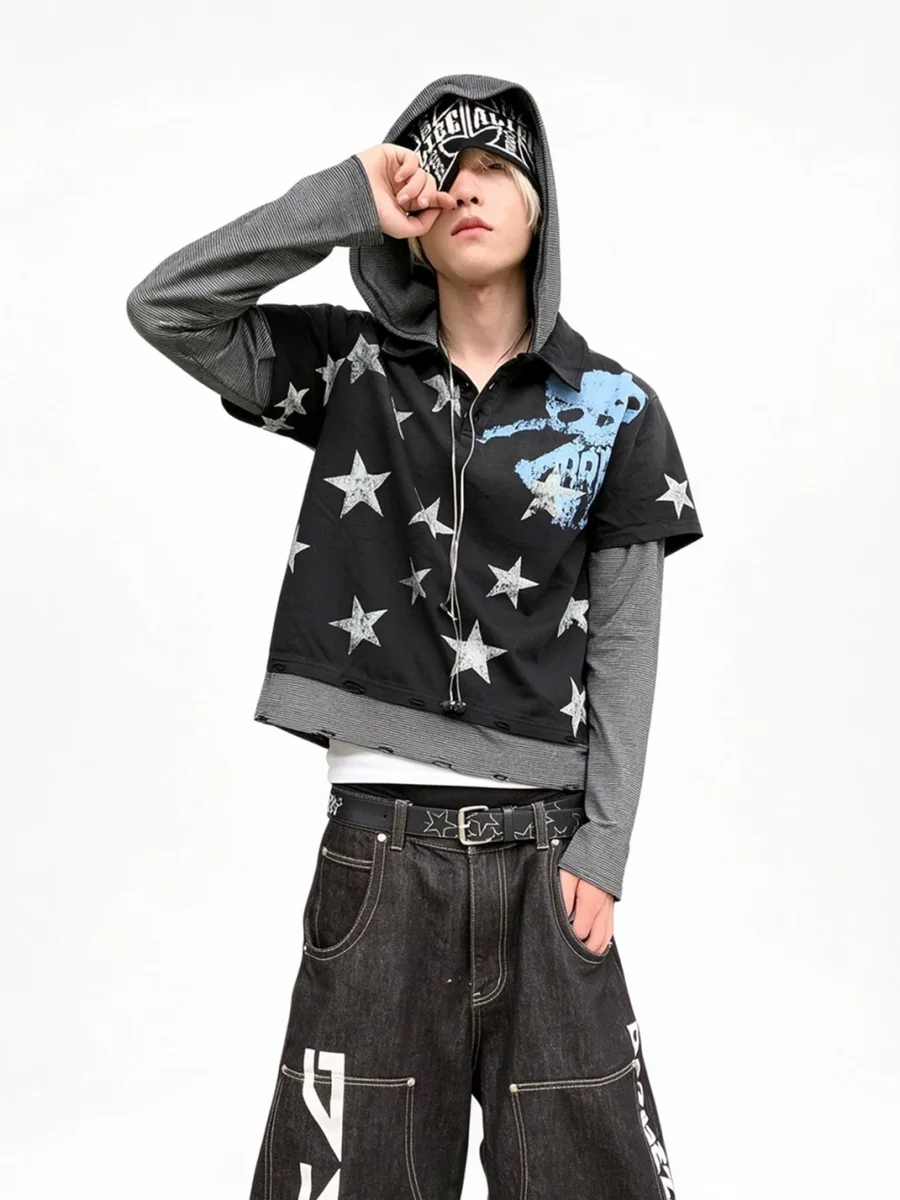 LuuuCam | Star Skull Layered Hooded Long Sleeve T-Shirt - 2