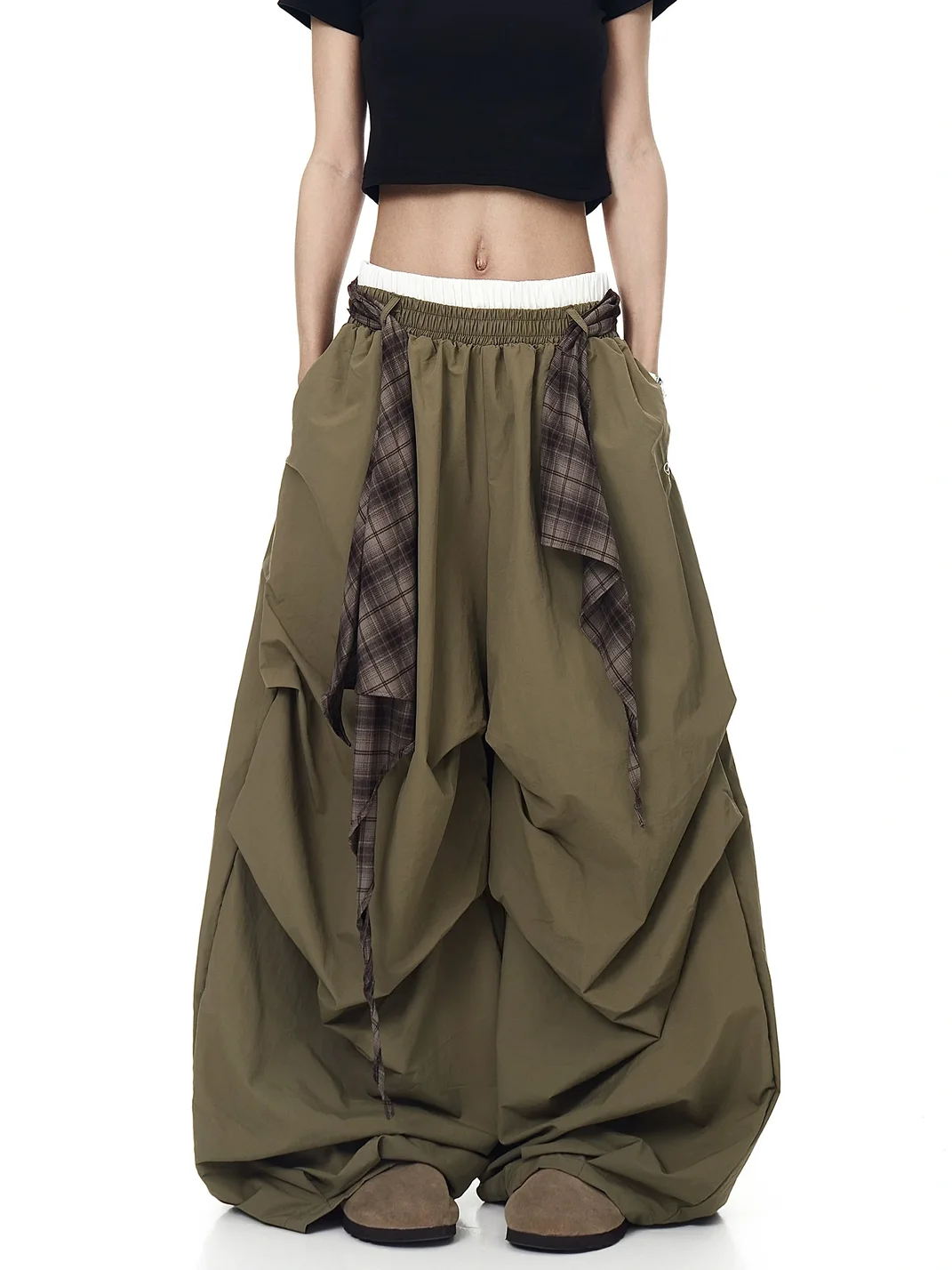 BLACKLISTS | Plaid Accent Double Waistband Wide-Leg Parachute Pants