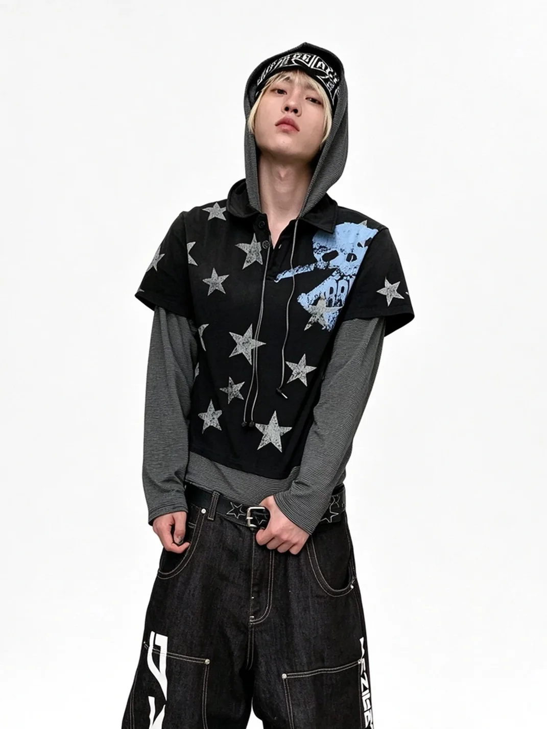 LuuuCam | Star Skull Layered Hooded Long Sleeve T-Shirt