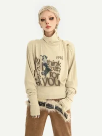 Nico Molly | High-Neck Letter Print Slim-Fit Long-Sleeve T-Shirt
