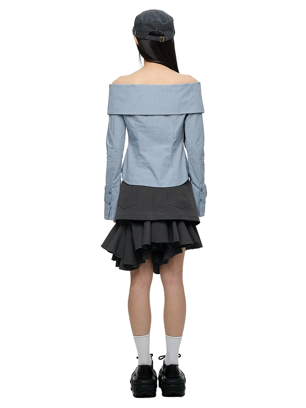 JIKOO | Bow Off-Shoulder Fitted Long-Sleeve Shirt