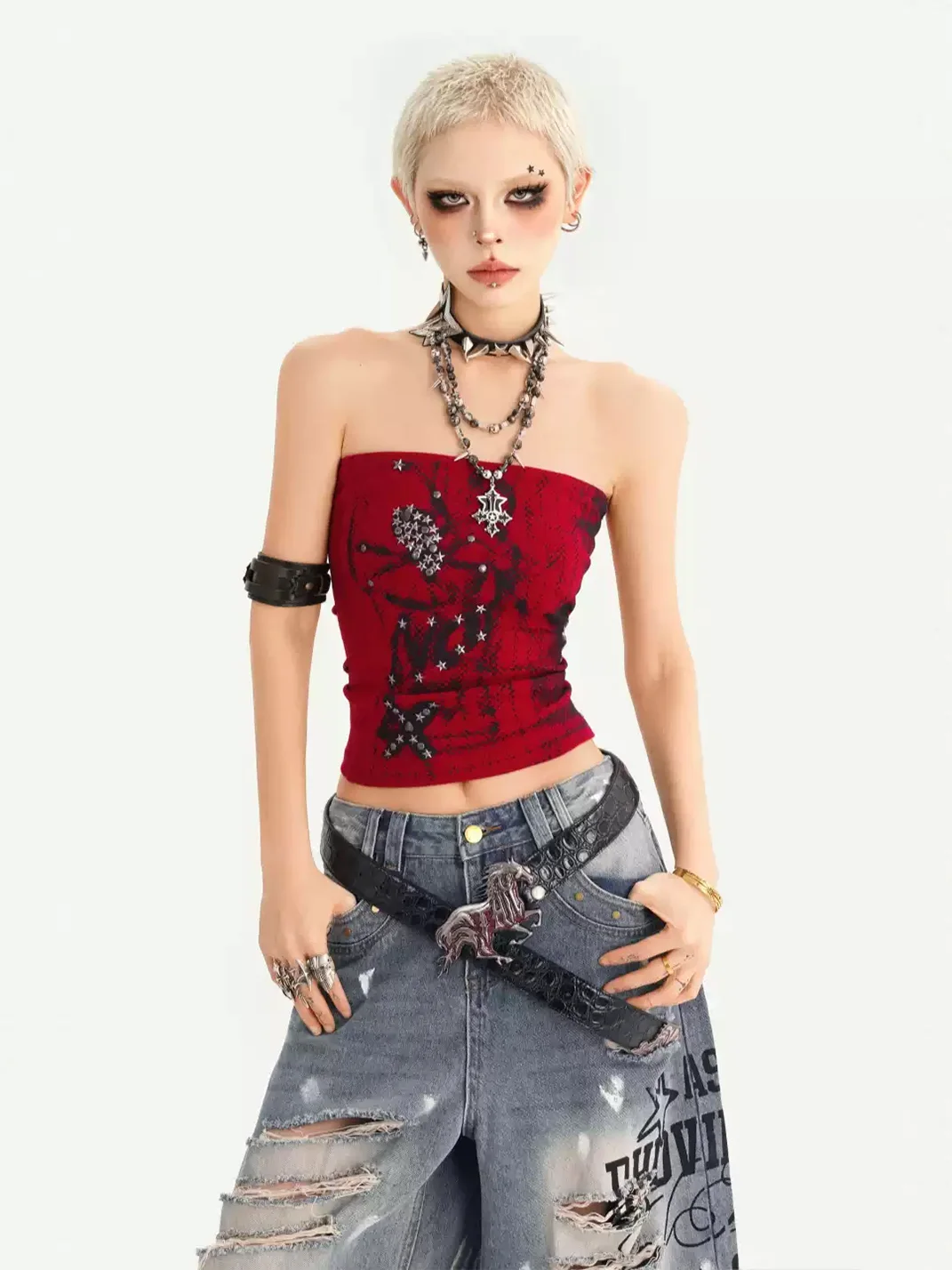 Nico Molly | Studded Slim-Fit Red Tube Top