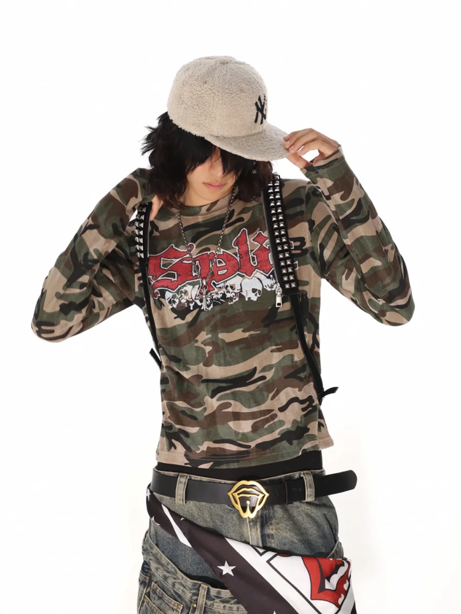 THEWET | Waffle Gothic Skull Print Camouflage Long Sleeve T-Shirt - 2