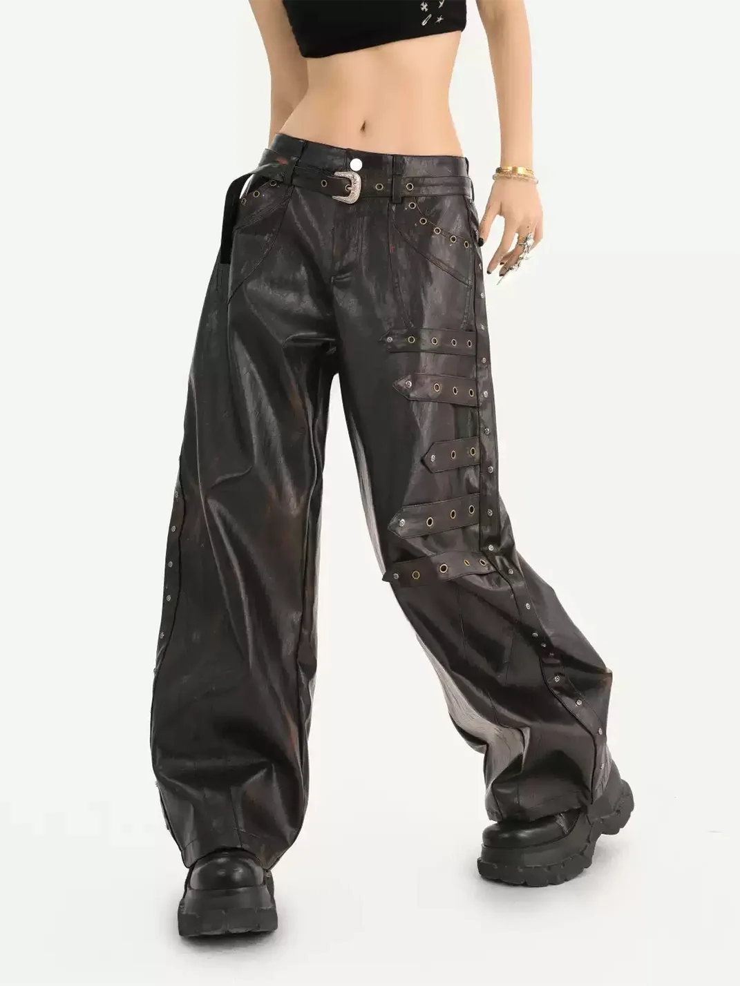 Nico Molly | Studded Wide-Leg Loose-Fit Leather Pants