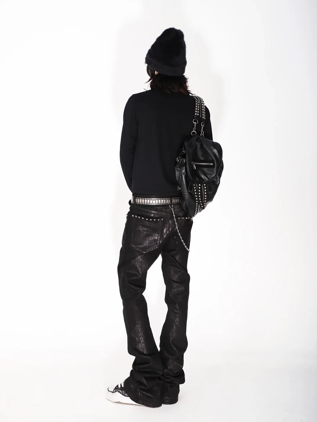 THEWET | Crackle Waxed Studded Flared Pants