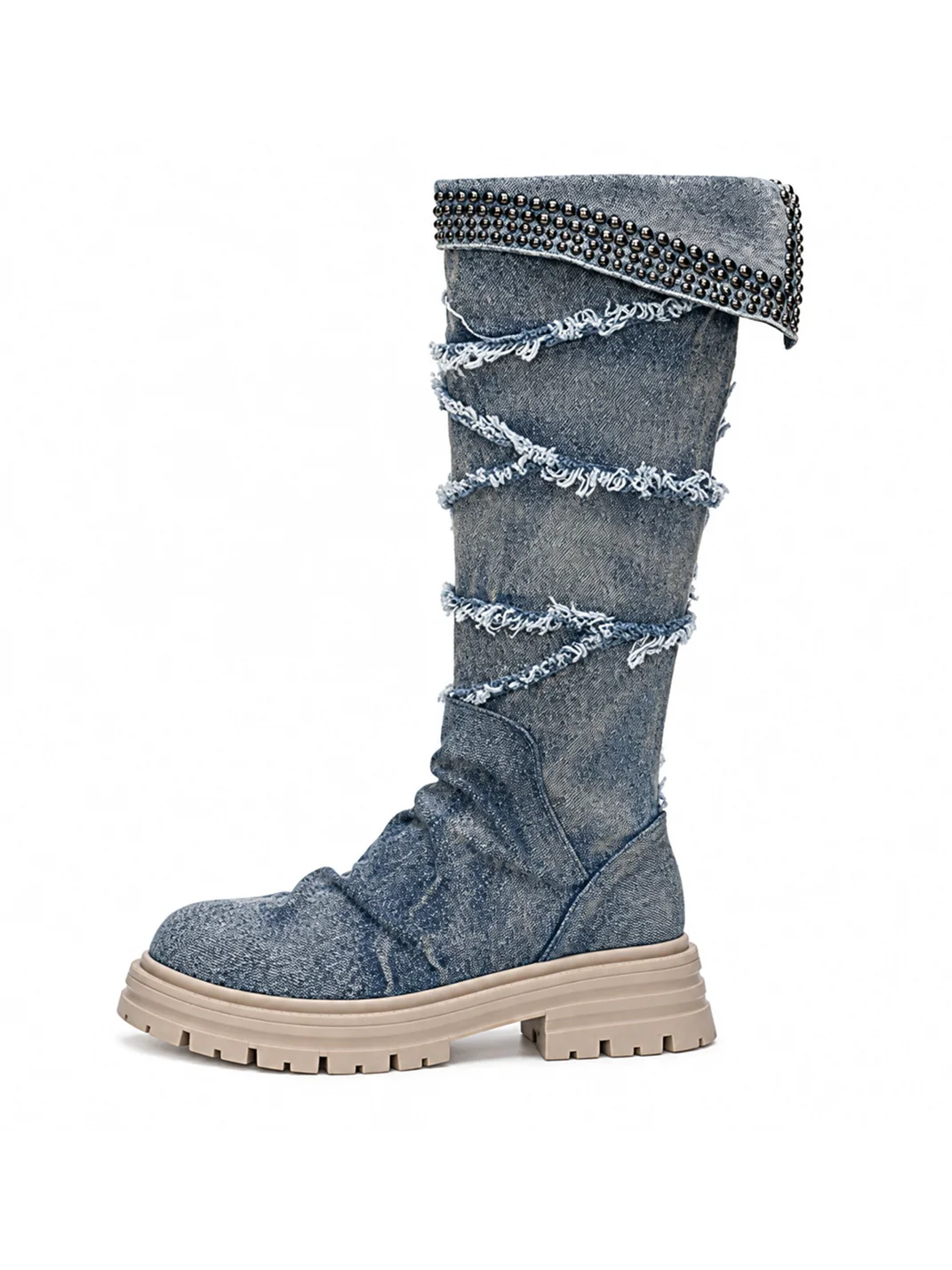 SISTER CURIE | Studded Denim Slouchy Platform Block Heel Boots