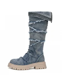 SISTER CURIE | Studded Denim Slouchy Platform Block Heel Boots