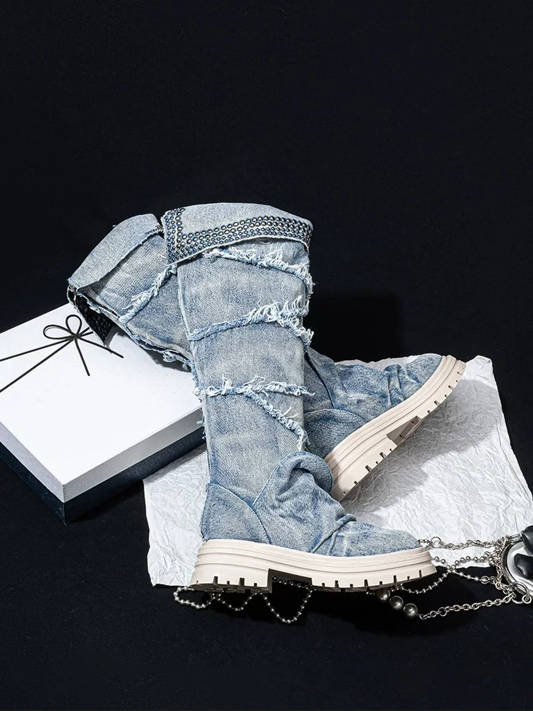 SISTER CURIE | Studded Denim Slouchy Platform Block Heel Boots